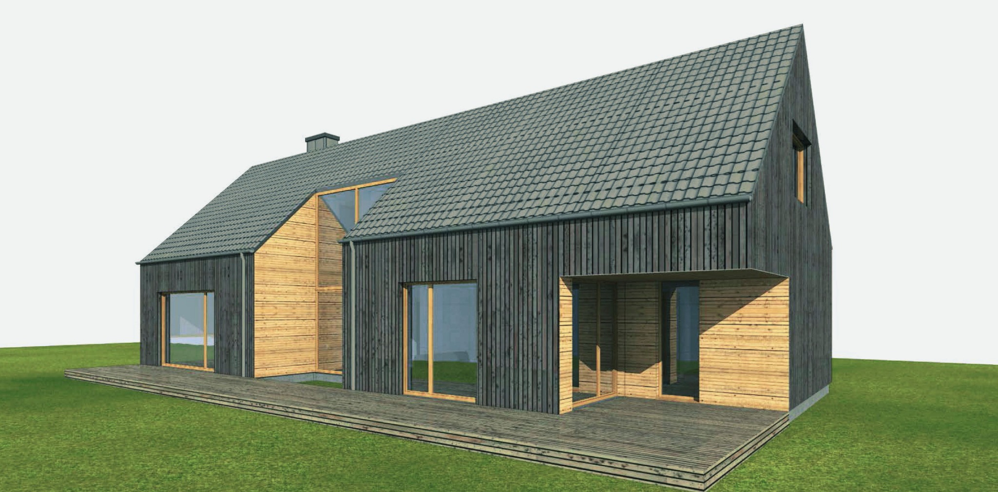 Wizualizacja domu jednorodzinnego z drewnianą elewacją w dwóch odcieniach, grafitowym i naturalnym, z dużymi przeszkleniami i tarasem.