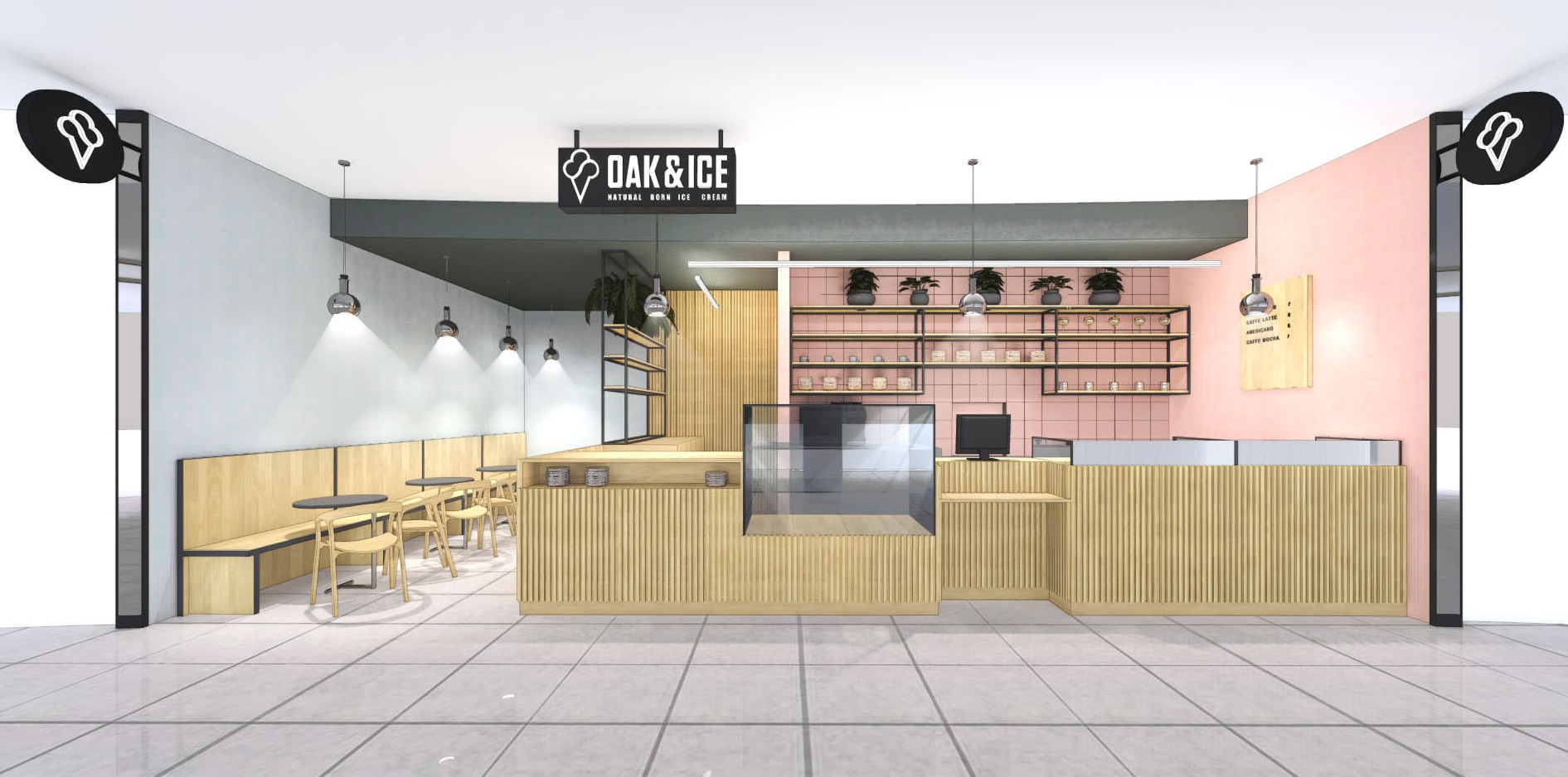 Wizualizacja wnętrza kawiarni z drewnianymi elementami, oświetleniem punktowym i różową ścianą z półkami.
