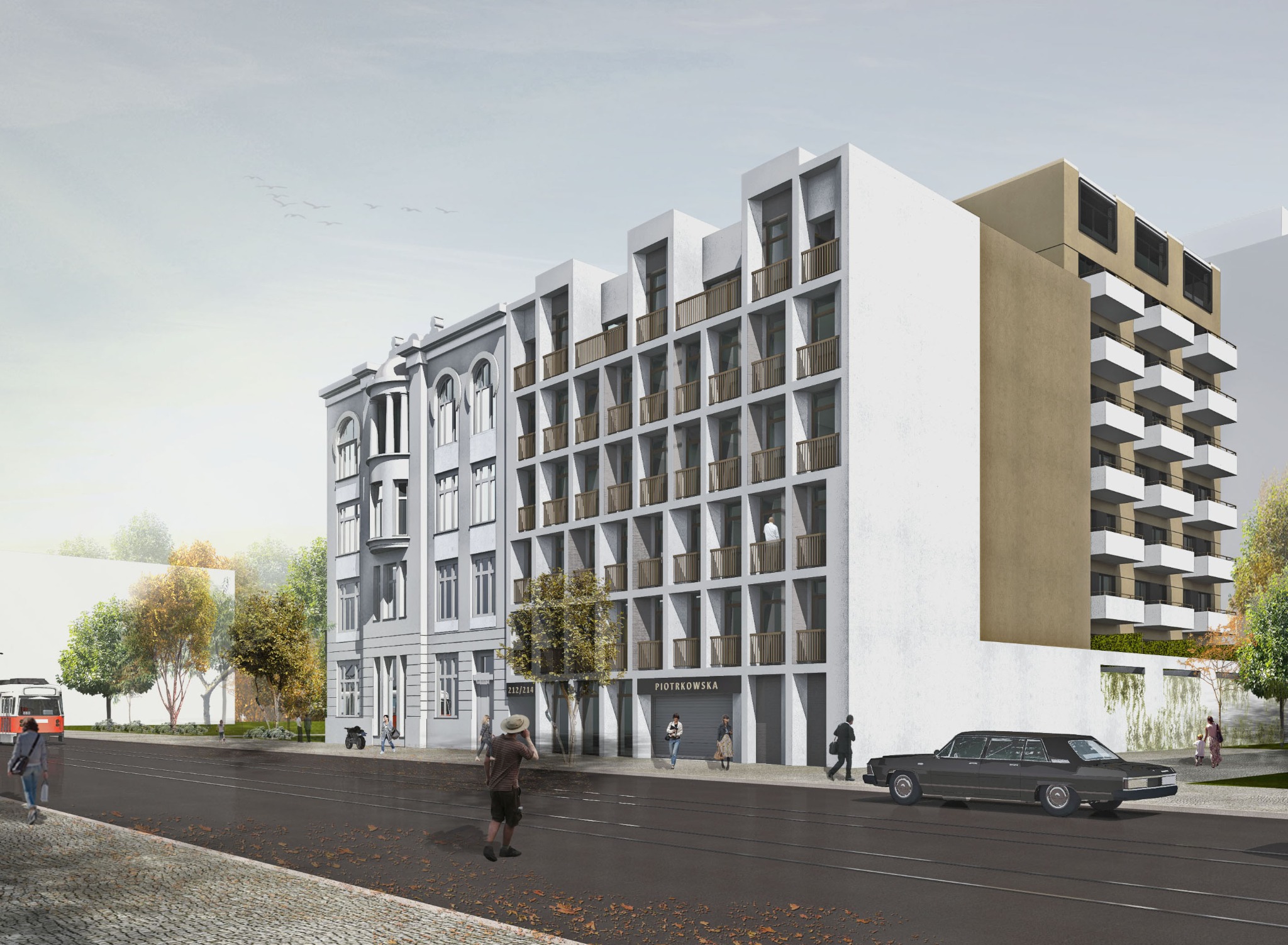 Wizualizacja budynku mieszkalnego z elementami modernistycznymi i klasycystycznymi, widok z ulicy Piotrkowska, z tramwajem i przechodniami.