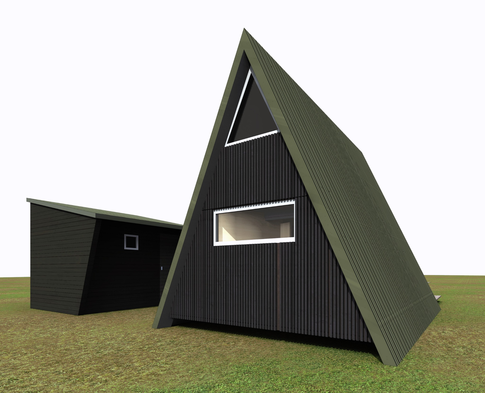 Wizualizacja zewnętrzna nowoczesnego, dwuspadowego domu w kształcie trójkąta z ciemną, pionową elewacją i zielonym dachem, obok mniejszy budynek o podobnej stylistyce.