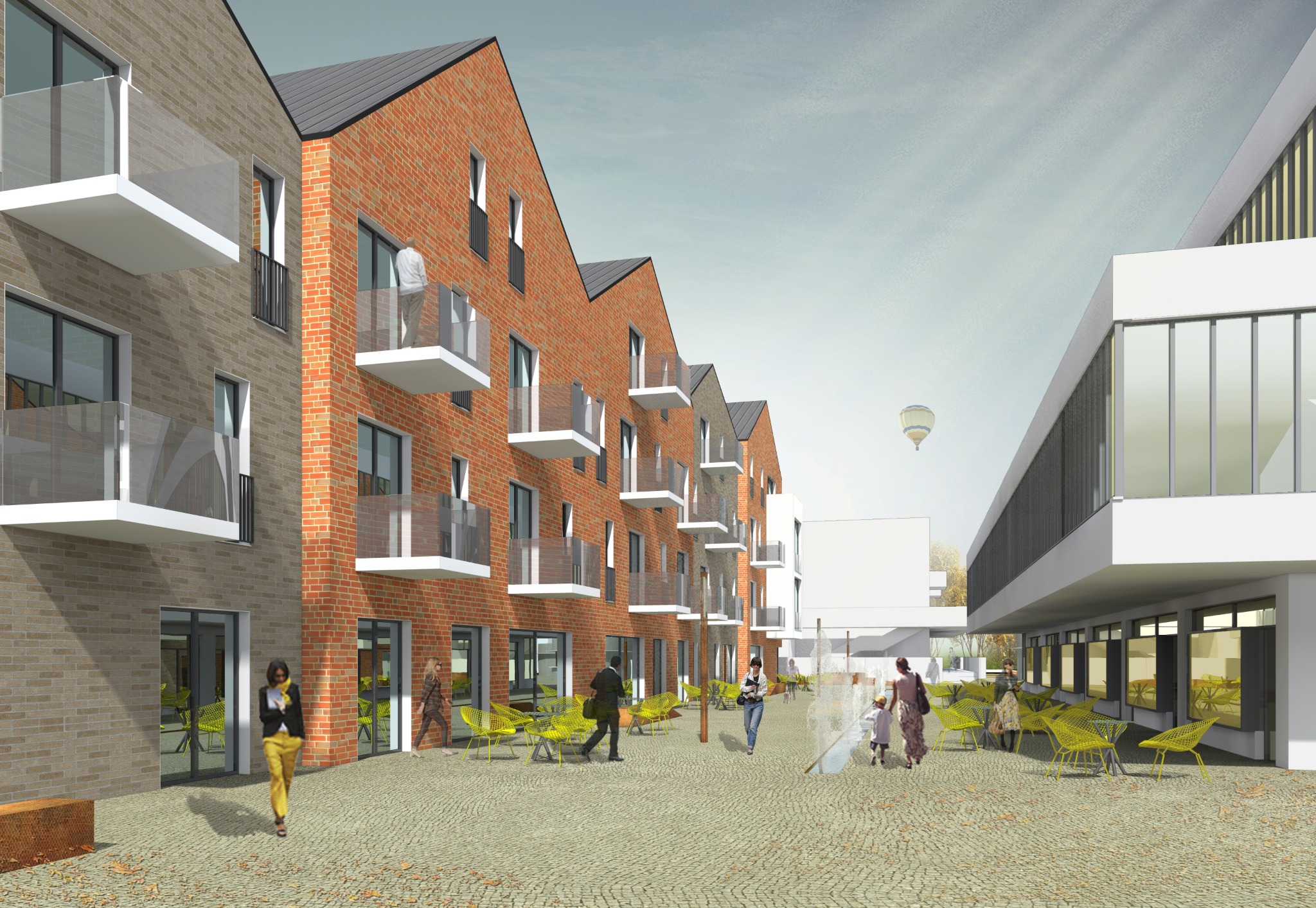 Wizualizacja budynku usługowego z ceglaną elewacją i balkonami, z żółtymi krzesłami na dziedzińcu i spacerującymi ludźmi, w tle widoczny balon.