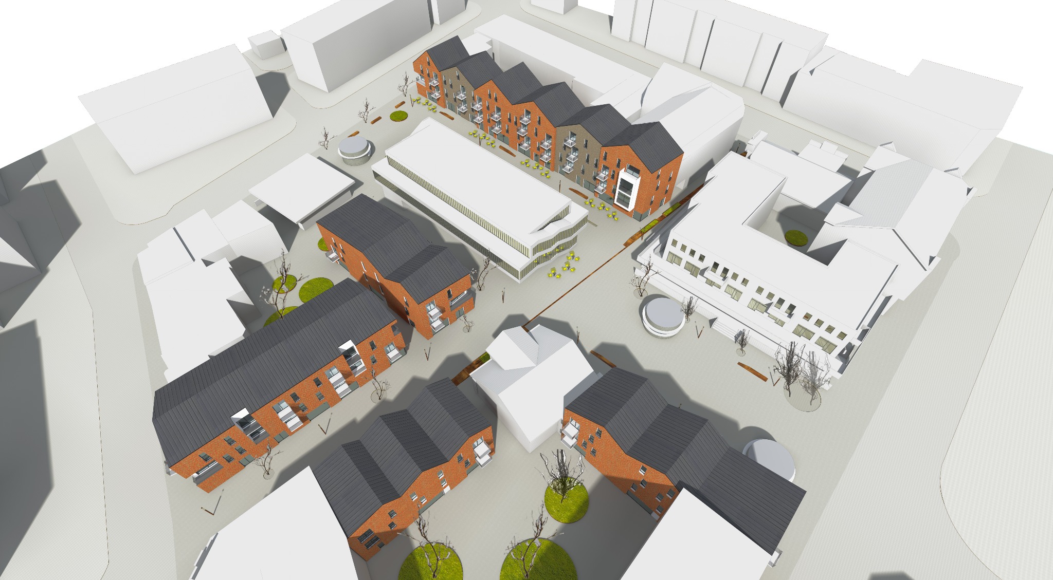Wizualizacja 3D osiedla mieszkaniowego z budynkami z czerwonej cegły i szarymi dachami, otoczonymi białymi budynkami administracyjnymi i zielenią, widok z lotu ptaka.