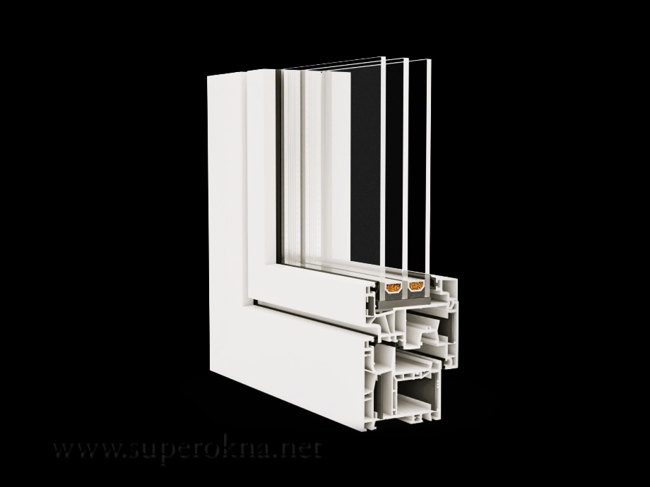 Przekrój okna PCV z trzema szybami na czarnym tle, ukazujący detale konstrukcyjne i uszczelnienia. Widoczny profil ramy z komorami powietrznymi.