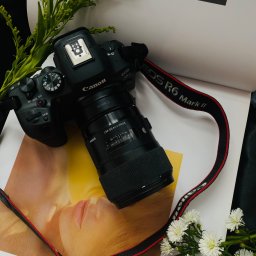 juliah.Fotografia - Aparat Canon EOS R6 Mark II z obiektywem Sigma 35mm f/1.4 DG, ułożony na otwartej książce z wizerunkiem twarzy modelki, ozdobiony gałązkami zieleni i białymi kwiatami.