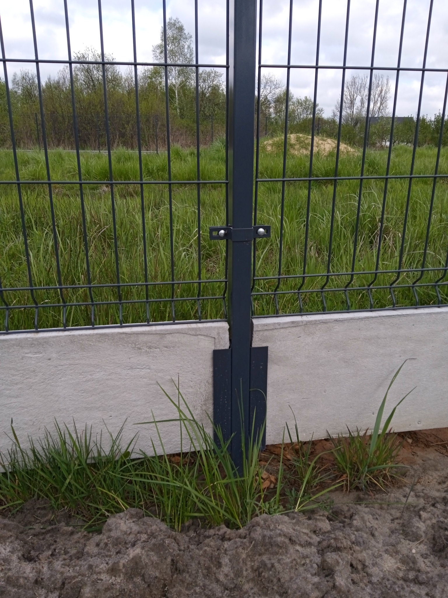 Fragment zainstalowanego ogrodzenia panelowego z podmurówką betonową, widok z bliska na słupek i łączenie, trawa rosnąca przy fundamencie.