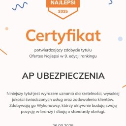 Wyraz uznania dla rzetelności, wysokiej jakości świadczonych usług oraz zadowolenia Klientów.