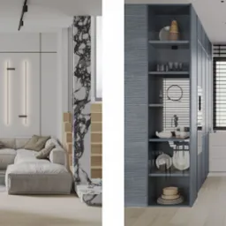 Nowoczesne wnętrze: salon z narożną sofą, stolikiem kawowym i schodami z marmurowym akcentem, połączony z kuchnią z białymi szafkami i marmurowym blatem.