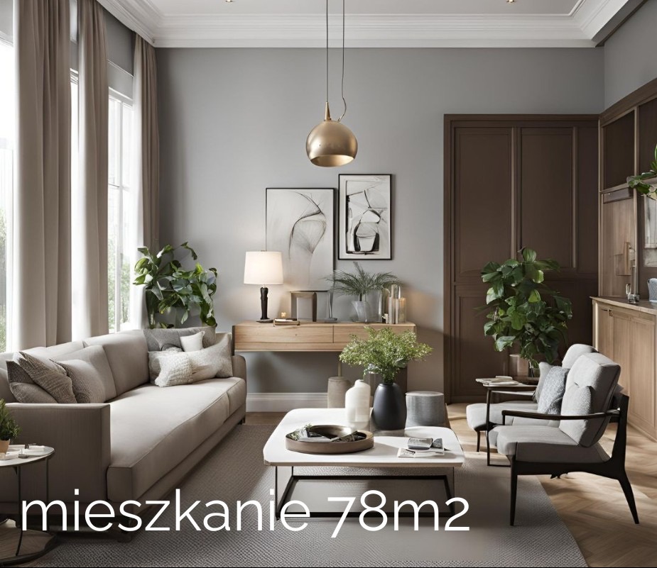 Jasny salon w neutralnych barwach z beżową sofą, dwoma fotelami, stolikiem kawowym i drewnianymi meblami, oświetlony złotą lampą wiszącą.