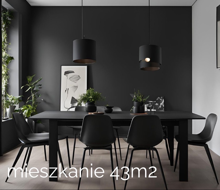 Nowoczesna, czarna jadalnia z minimalistycznym stołem, krzesłami, oświetleniem i roślinami doniczkowymi, uzupełniona abstrakcyjnym obrazem na ścianie.
