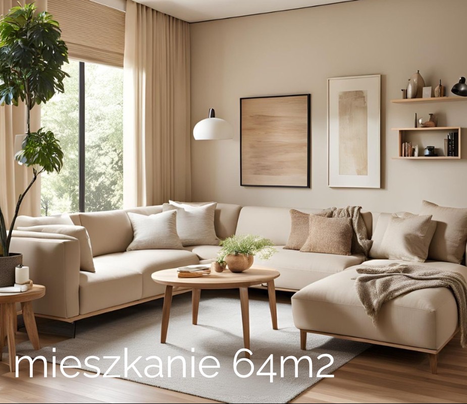 Jasny salon z narożną sofą, okrągłym stolikiem kawowym i roślinami doniczkowymi w pobliżu okna.