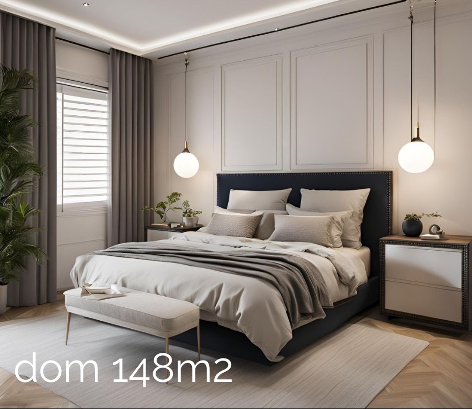 Elegancka sypialnia z łóżkiem kontynentalnym, szarą narzutą i wiszącymi lampami kulami, minimalistyczny styl, drewniana podłoga w jodełkę.