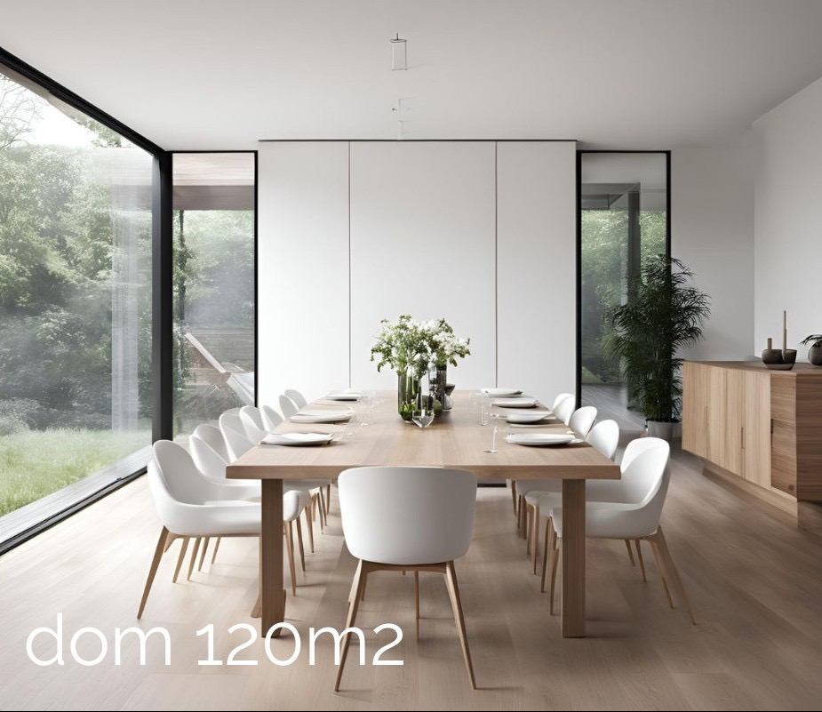 Jasna jadalnia w minimalistycznym stylu: długi drewniany stół nakryty białymi talerzami, otoczony białymi krzesłami na drewnianych nogach, z widokiem na zieleń za oknem.