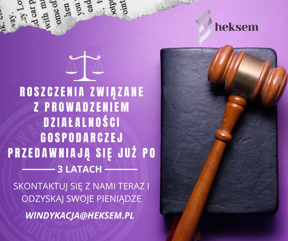 Reklama firmy windykacyjnej: drewniany młotek sędziowski leżący na czarnym notatniku, obok logo firmy 'heksem', fioletowe tło z hasłem 'Roszczenia związane z prowadzeniem działalności gospodarczej...