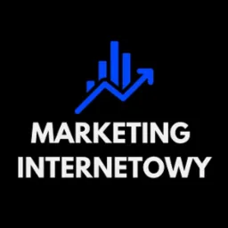 Logo z napisem 'MARKETING INTERNETOWY', stylizowanym wykresem słupkowym i strzałką wskazującą wzrost, wszystko w kolorze białym i niebieskim na czarnym tle.