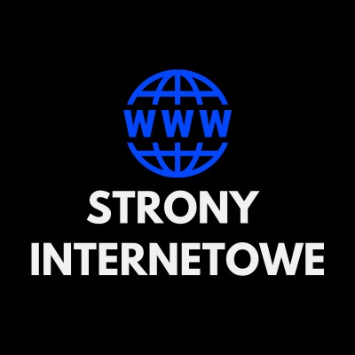 Grafika z niebieskim globem i napisem WWW nad białym tekstem 'STRONY INTERNETOWE' na czarnym tle.