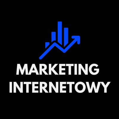 Logo z napisem 'MARKETING INTERNETOWY', stylizowanym wykresem słupkowym i strzałką wskazującą wzrost, wszystko w kolorze białym i niebieskim na czarnym tle.