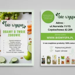 Dwustronna ulotka reklamowa sklepu ze zdrową żywnością, prezentująca logo, adres, godziny otwarcia oraz asortyment produktów ekologicznych i wegańskich.