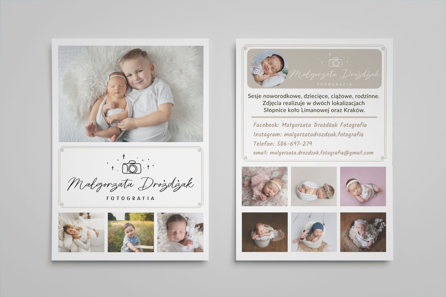 Dwustronna ulotka reklamowa fotografa Małgorzaty Drożdżak, specjalizującej się w sesjach noworodkowych, dziecięcych, ciążowych i rodzinnych, z przykładowymi zdjęciami i danymi kontaktowymi.
