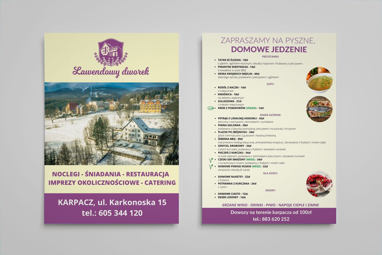 Menu restauracji Lawendowy Dworek w Karpaczu, prezentujące ofertę noclegów, śniadań, restauracji, imprez okolicznościowych i cateringu, z widokiem na budynek i okolicę w zimowej scenerii...