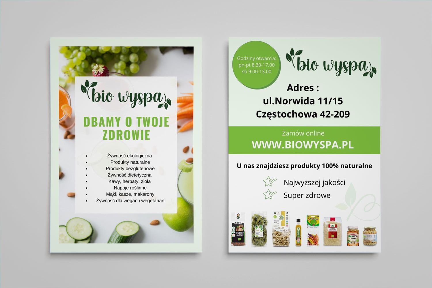 Dwustronna ulotka reklamowa sklepu ze zdrową żywnością, prezentująca logo, adres, godziny otwarcia oraz asortyment produktów ekologicznych i wegańskich.
