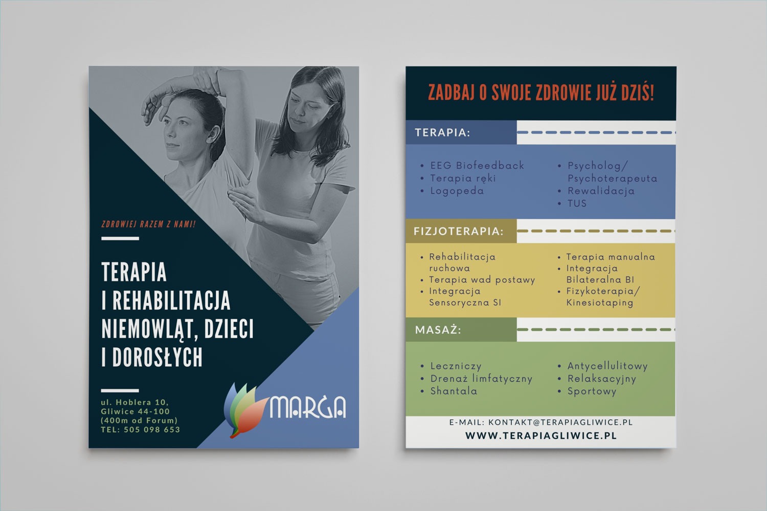 Projekt ulotki reklamującej usługi terapii i rehabilitacji dla niemowląt, dzieci i dorosłych, z informacjami kontaktowymi i listą oferowanych zabiegów, takich jak fizjoterapia i masaż.