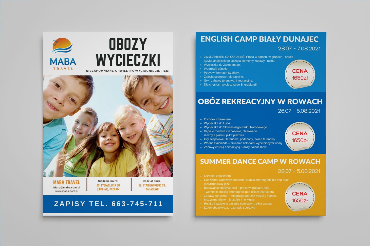Plakat reklamowy biura podróży MABA TRAVEL oferujący obozy i wycieczki dla dzieci, z uśmiechniętymi dziećmi na zdjęciu i informacjami o obozach tematycznych.