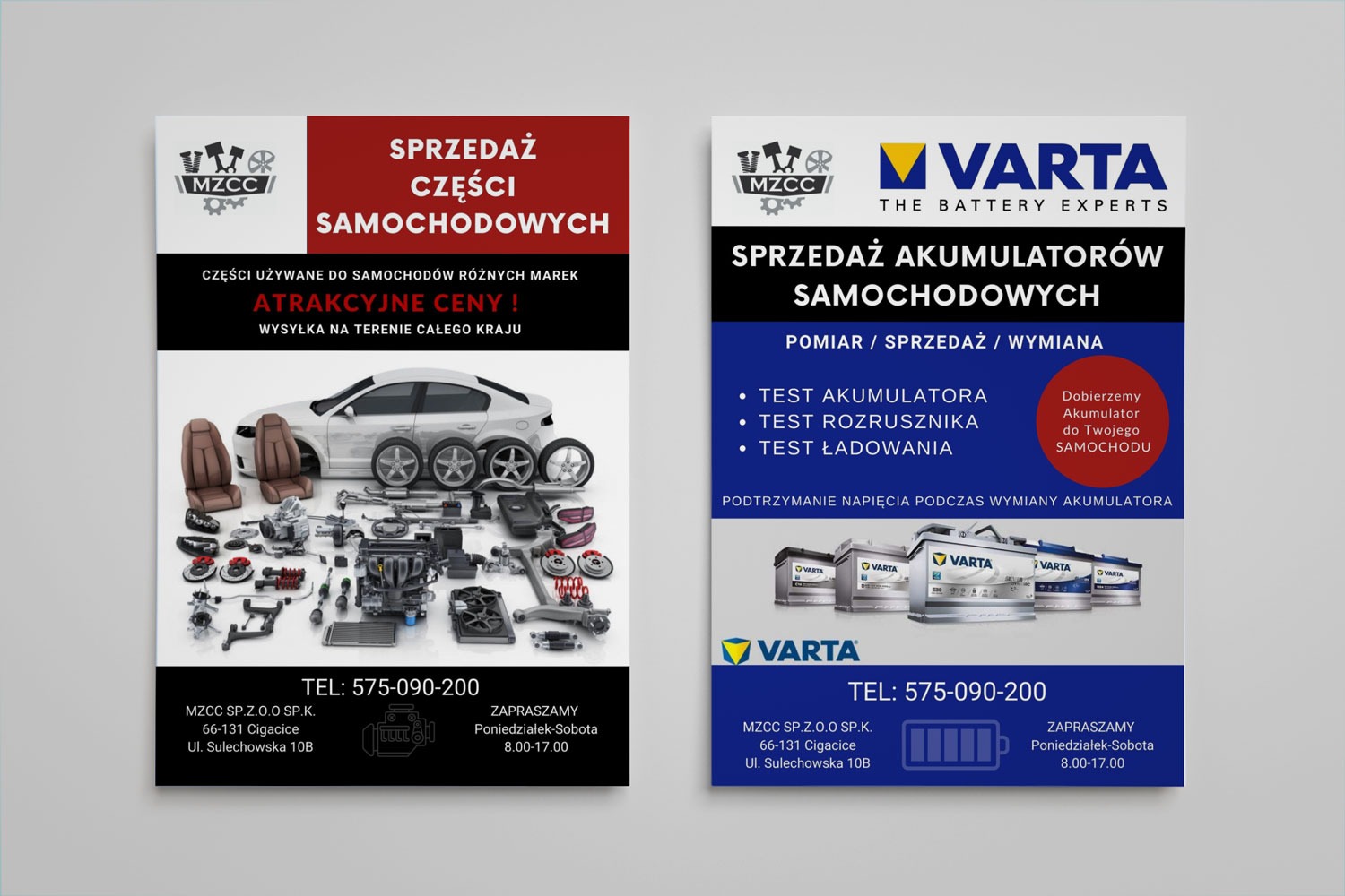 Dwa projekty ulotek reklamowych: jeden prezentuje części samochodowe z atrakcyjnymi cenami, drugi akumulatory samochodowe Varta, oba z logo MZCC i danymi kontaktowymi.