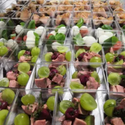 Rzędy przezroczystych pojemników z różnymi przekąskami: sałatka caprese, kawałki mięsa z winogronami i sosem, oraz przekąski z łososiem, ułożone na metalowym stole. Widoczny z góry układ pojemników...