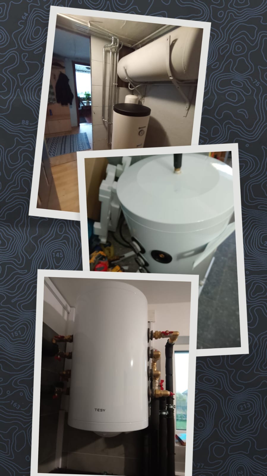 Kaskadowy montaż bojlera TESY z rurami miedzianymi i czarnymi izolacjami, widoczne różne ujęcia instalacji w pomieszczeniu.