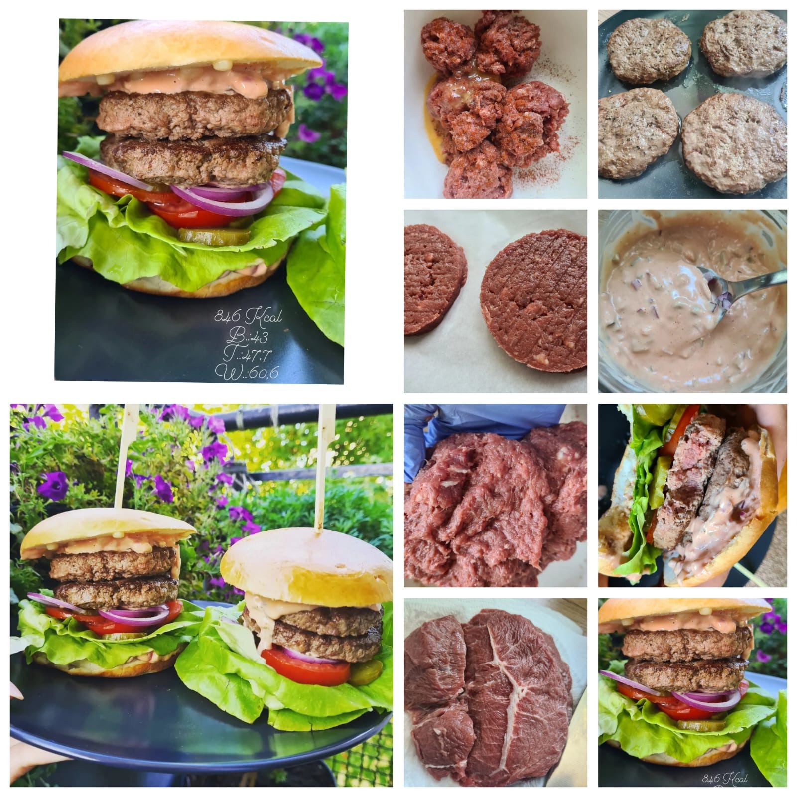 Kompozycja zdjęć przedstawiająca proces przygotowania podwójnego burgera: surowe mięso, formowane kotlety, smażone kotlety, sos, przekrój burgera i gotowy burger z warzywami na talerzu,...