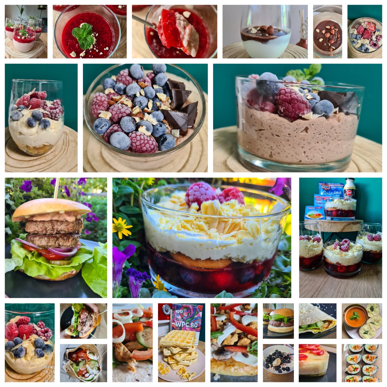 Kompozycja różnych deserów w szklanych naczyniach, w tym musy czekoladowe z owocami leśnymi, puddingi z galaretką i owocami, oraz burger z podwójnym mięsem, prezentowane w różnorodnych ujęciach...