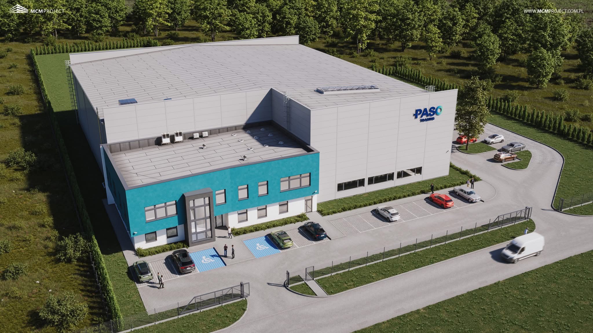 Wizualizacja 3D nowoczesnej hali magazynowej z biurową dobudówką w kolorze turkusowym, z parkingiem i zielenią wokół. Widoczne logo firmy Paso Trading.