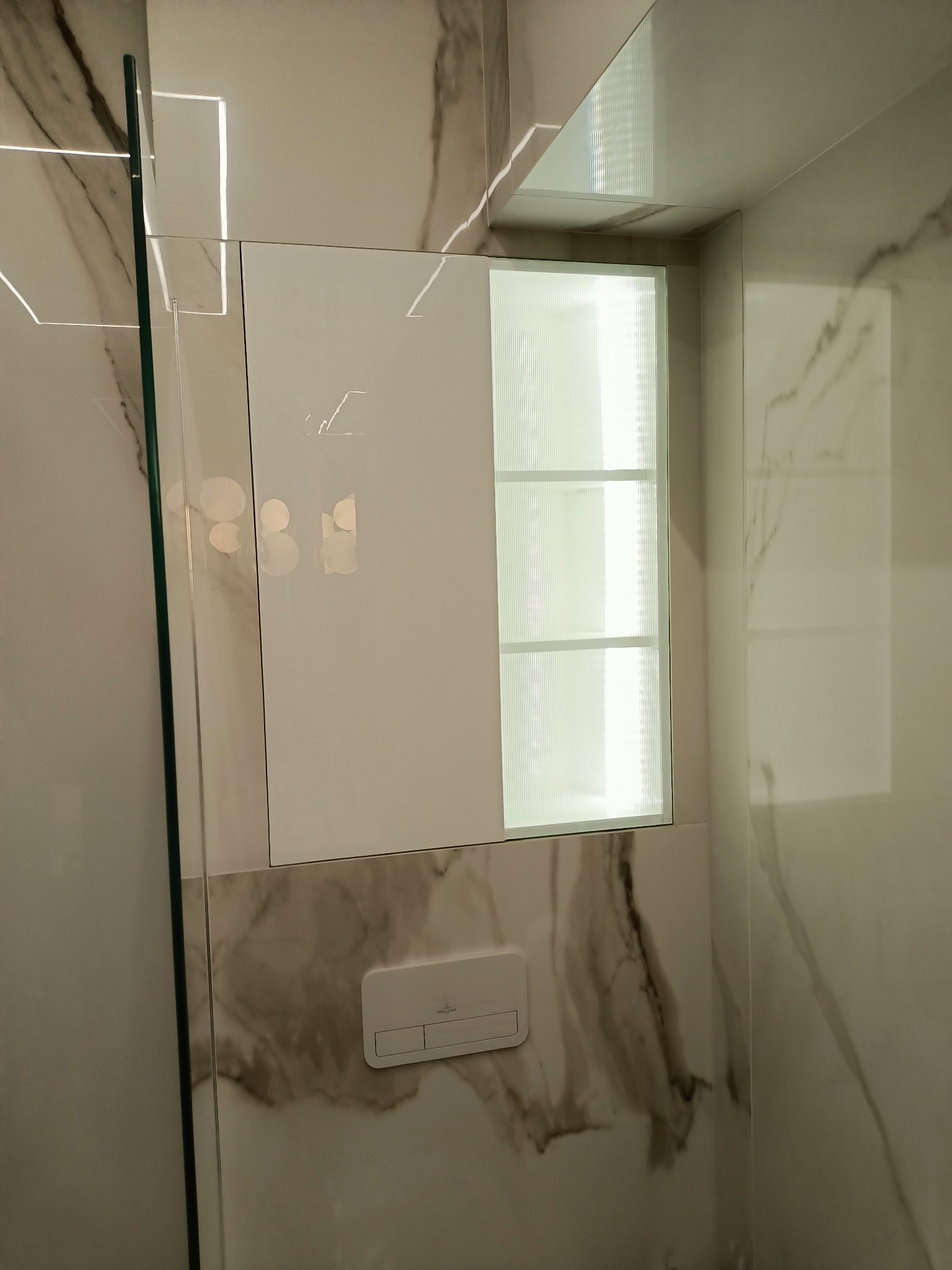 Nowoczesna szafka łazienkowa z podświetlanymi półkami, wbudowana w ścianę z marmurowym wzorem, widoczny fragment szklanej kabiny prysznicowej i przycisk spłuczki.