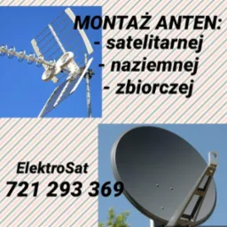 Kompozycja graficzna przedstawiająca antenę naziemną i satelitarną na tle nieba, z tekstem 'Montaż anten: satelitarnej, naziemnej, zbiorczej' oraz danymi kontaktowymi 'ElektroSat 721 293 369'...