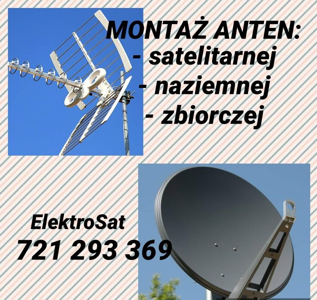 Kompozycja graficzna przedstawiająca antenę naziemną i satelitarną na tle nieba, z tekstem 'Montaż anten: satelitarnej, naziemnej, zbiorczej' oraz danymi kontaktowymi 'ElektroSat 721 293 369'...