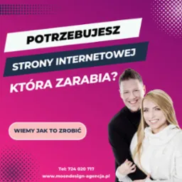 Grafika reklamowa z uśmiechniętą parą, promująca tworzenie stron internetowych, z tekstem 'Potrzebujesz strony internetowej, która zarabia? Wiem jak to zrobić' oraz danymi kontaktowymi firmy...