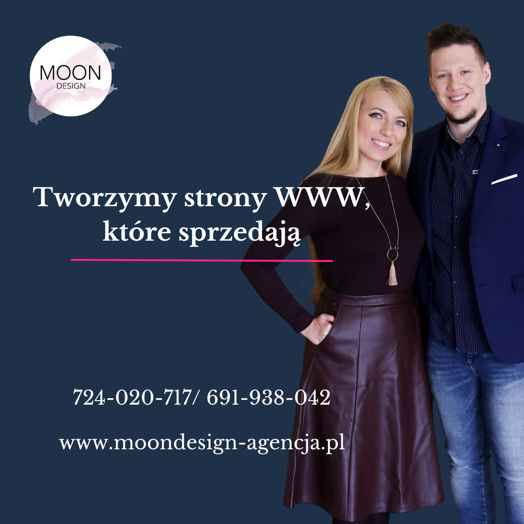 Zespół agencji Moon Design prezentuje ofertę: tworzymy strony WWW, które sprzedają. Kobieta w skórzanej spódnicy i mężczyzna w marynarce uśmiechają się na tle logo i danych kontaktowych.