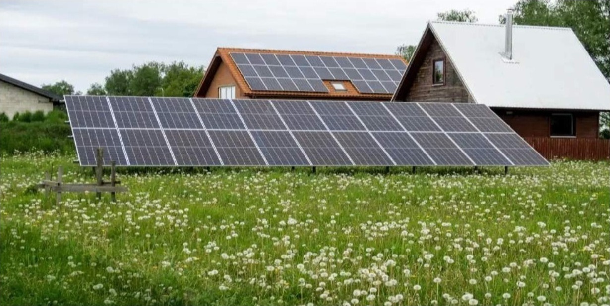 Rozległa instalacja paneli słonecznych na łące pełnej dmuchawców, w tle domy z panelami na dachu i białym dachem.