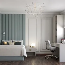 Nowoczesna sypialnia z łóżkiem z wezgłowiem w kolorze morskim, biurkiem z krzesłem i oświetleniem dekoracyjnym.