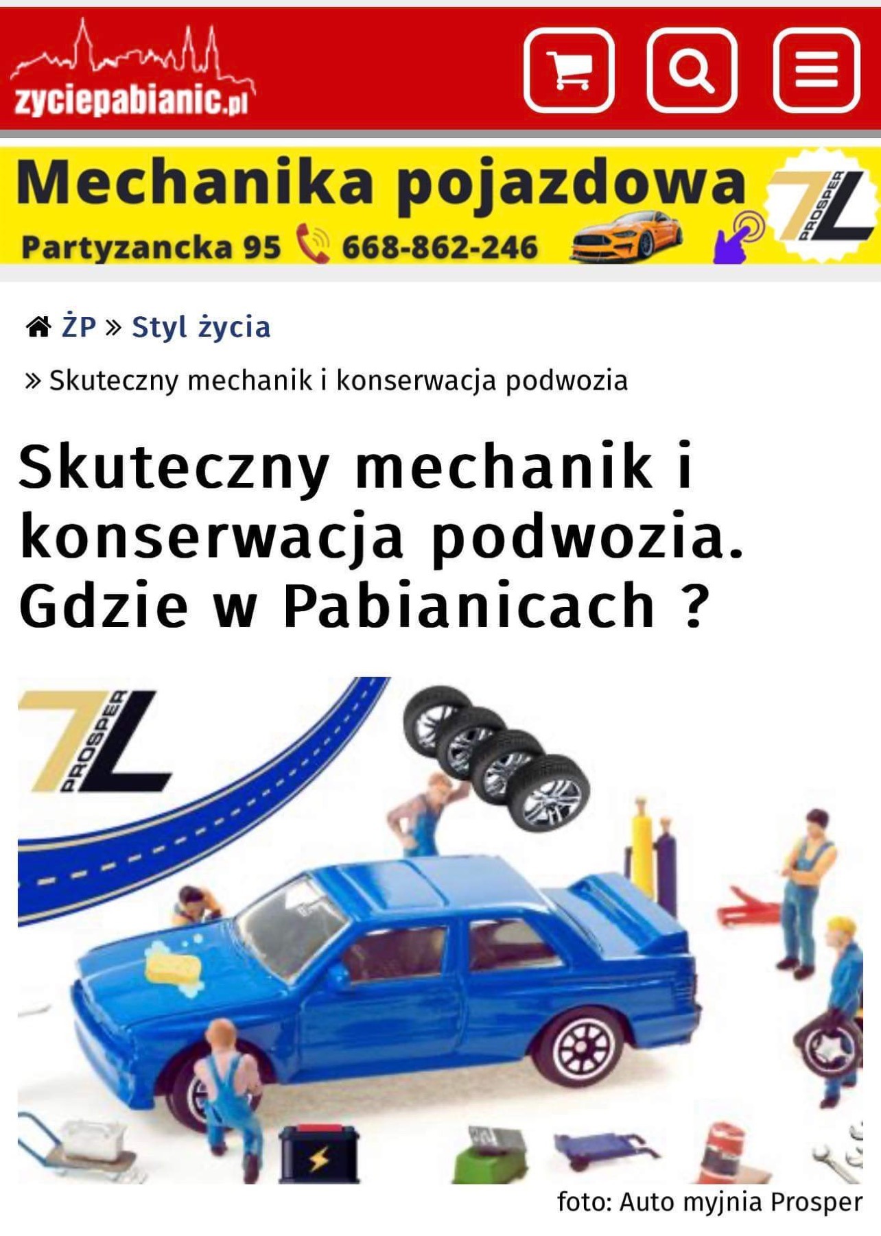 Ilustracja przedstawiająca miniaturowy warsztat samochodowy z niebieskim autem, figurkami mechaników, oponami i narzędziami na białym tle, stylizowane na reklamę firmy Prosper z Pabianic.