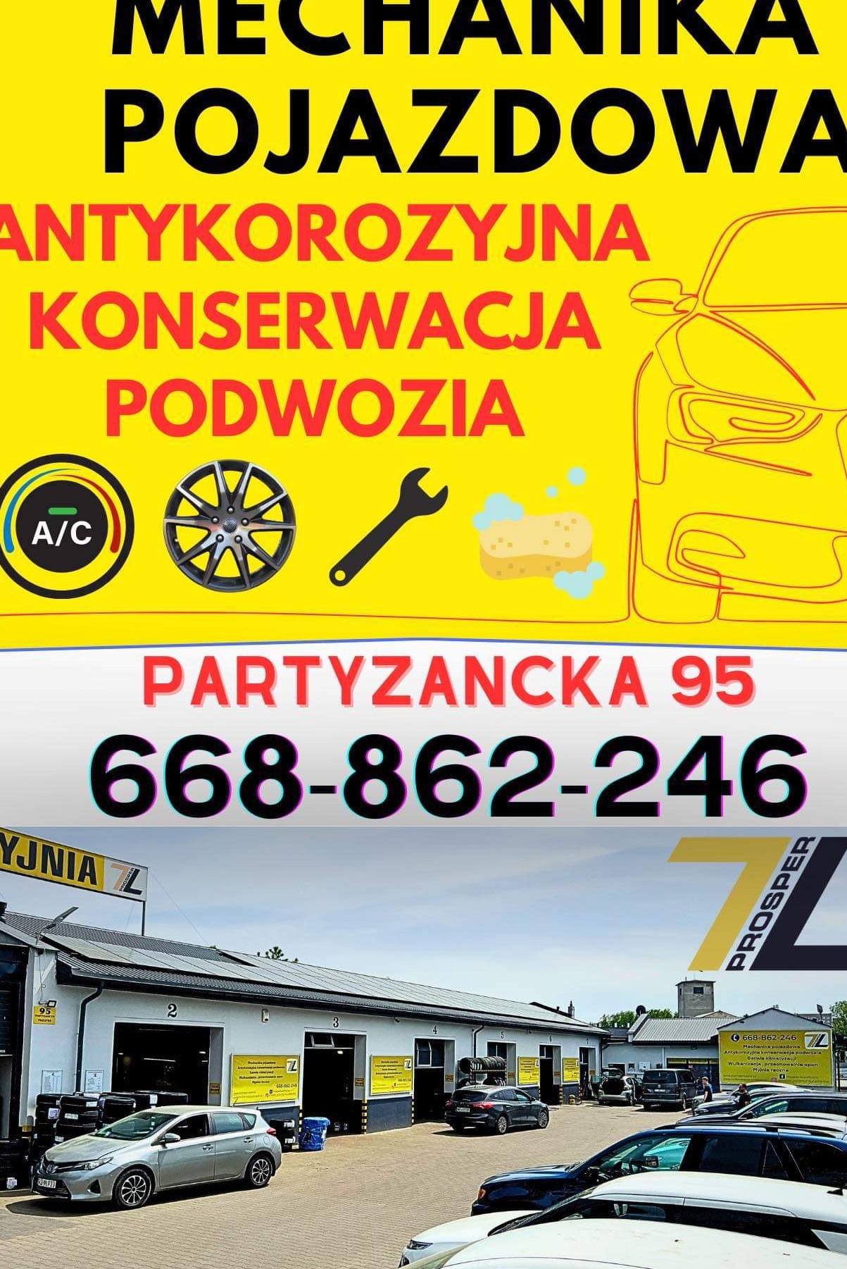 Zdjęcie warsztatu samochodowego z reklamą konserwacji podwozia i klimatyzacji, widoczne zaparkowane samochody i otwarte stanowiska naprawcze.