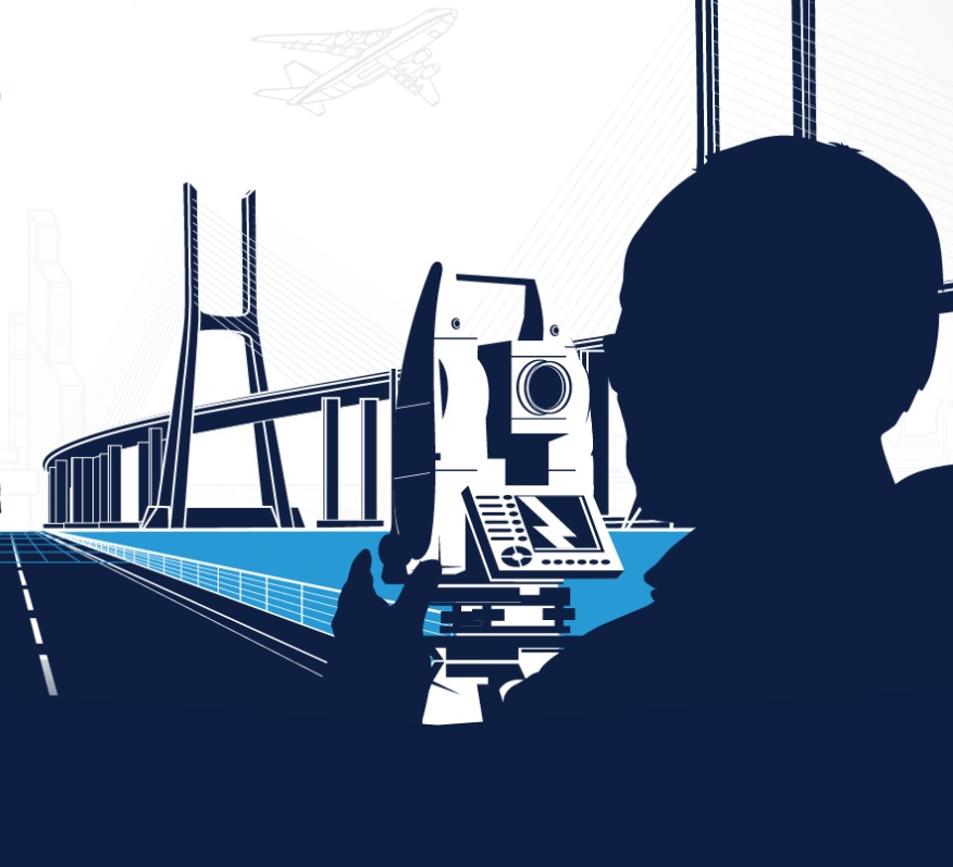 Stylizowana grafika: sylwetka osoby obsługującej teodolit na tle mostu i samolotu, utrzymana w kolorystyce bieli i granatu.
