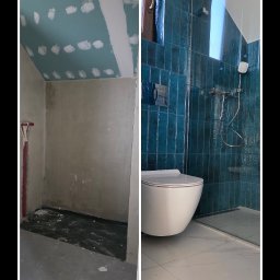 BUD HOUSE INVESTMENT - Remont łazienki: widok przed i po. Surowy stan z płytą G-K i wykończona, turkusowa glazura, biała armatura, marmurowe płytki podłogowe. Kontrast materiałów i kolorów.