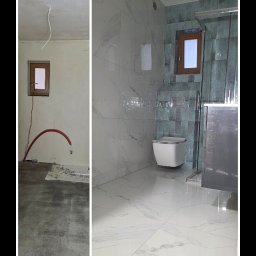 BUD HOUSE INVESTMENT - Remont łazienki: porównanie stanu surowego z wykończoną przestrzenią. Widoczne nowe płytki imitujące marmur, toaleta podwieszana i kabina prysznicowa.