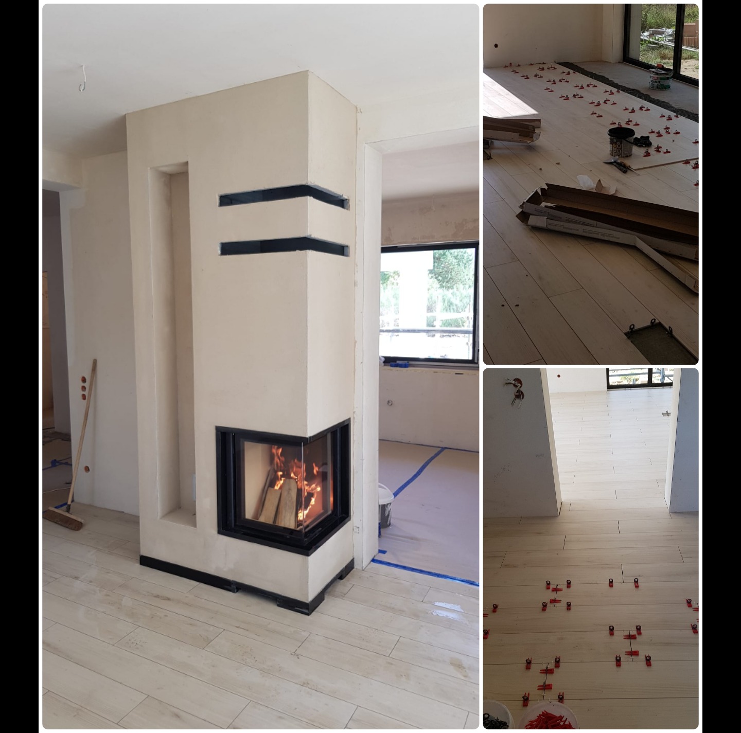 Wnętrze w trakcie wykończenia: kominek z paleniskiem, świeżo ułożona podłoga z płytek imitujących drewno, narzędzia glazurnicze i listwy przypodłogowe.