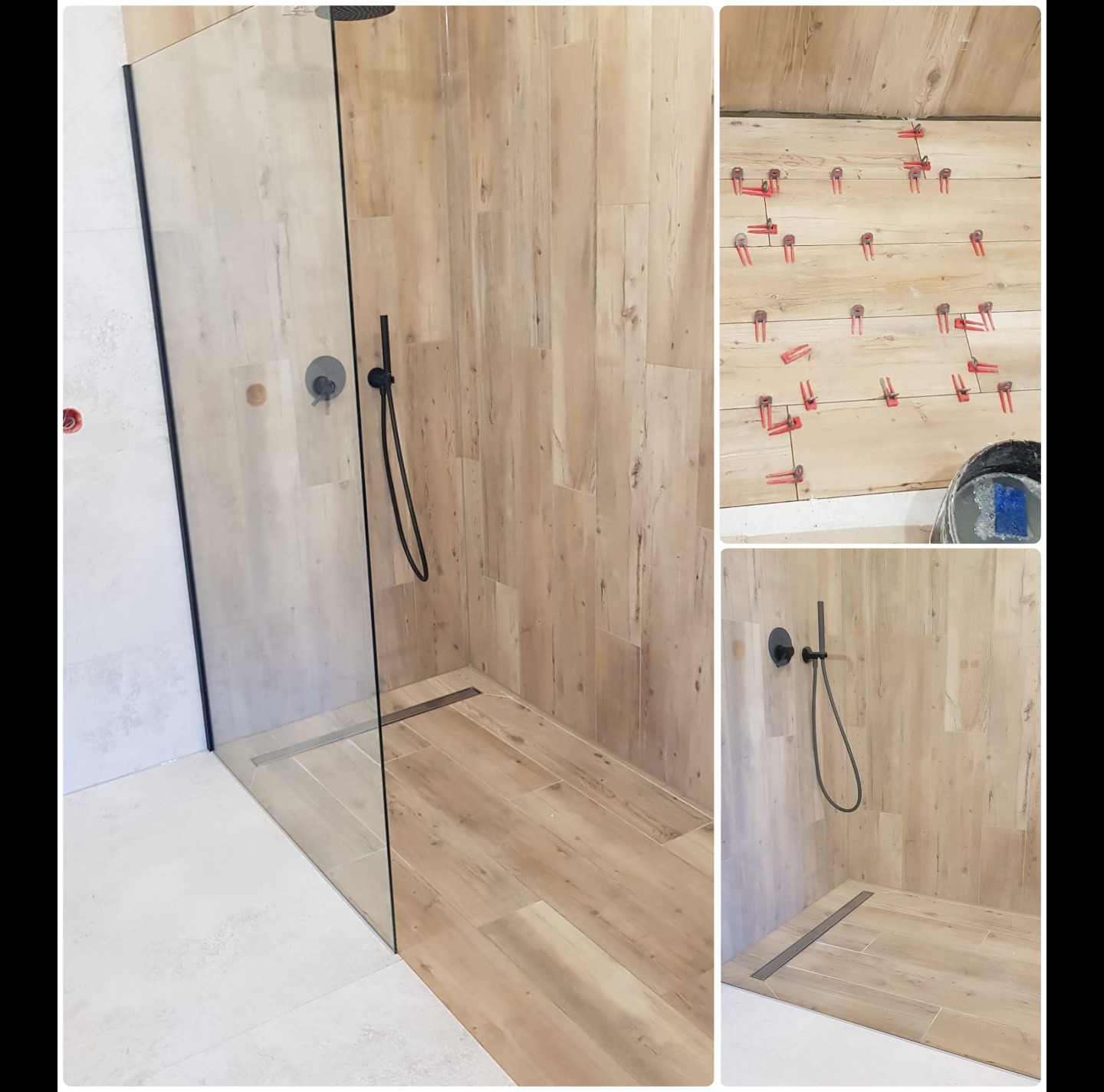 Nowoczesna kabina prysznicowa z płytkami imitującymi drewno, czarna armatura, minimalistyczny design, widoczne klipsy poziomujące na ścianie w trakcie montażu.