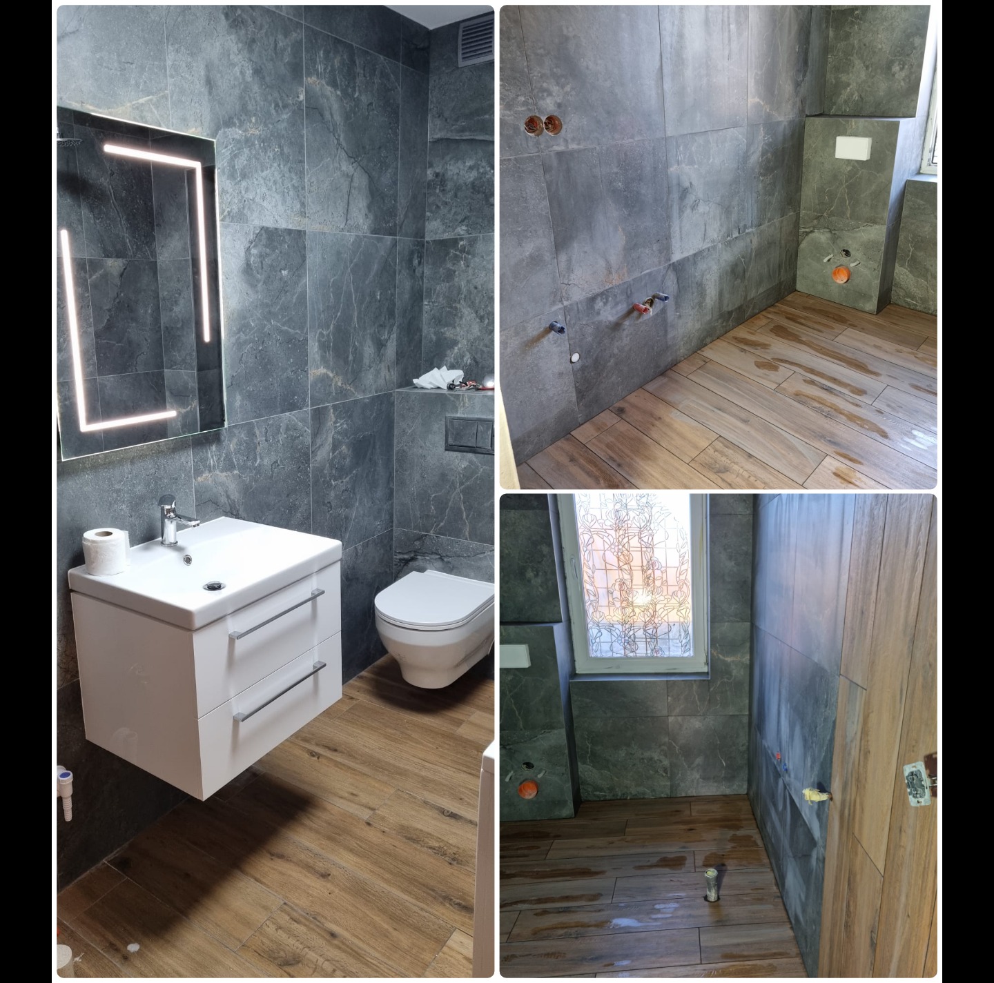 Nowoczesna łazienka: szare płytki imitujące kamień, drewnopodobna podłoga, biała umywalka z szafką i podświetlane lustro. Widok na fragment toalety i okno.