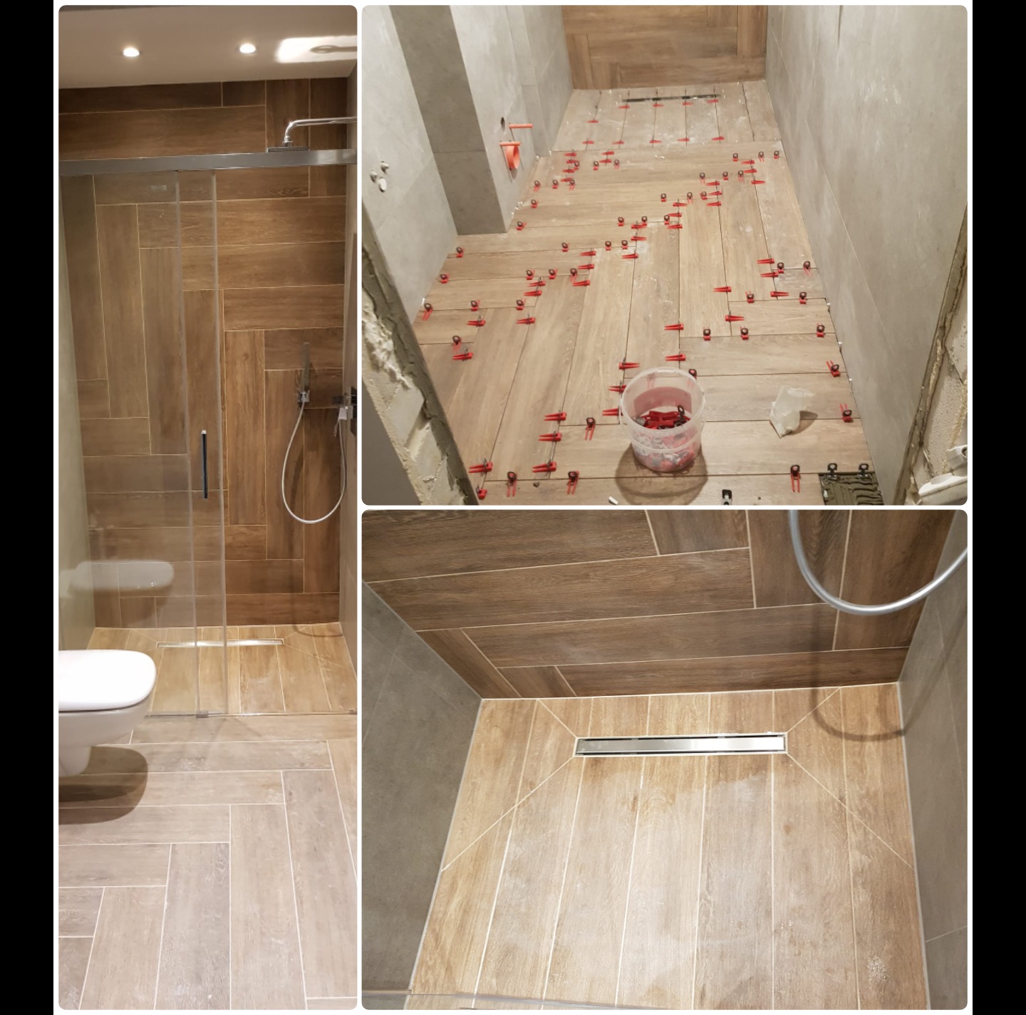 Układanie płytek imitujących drewno w łazience, widoczny brodzik z odpływem liniowym, toaleta i narzędzia glazurnicze. Ułożona podłoga w jodełkę.