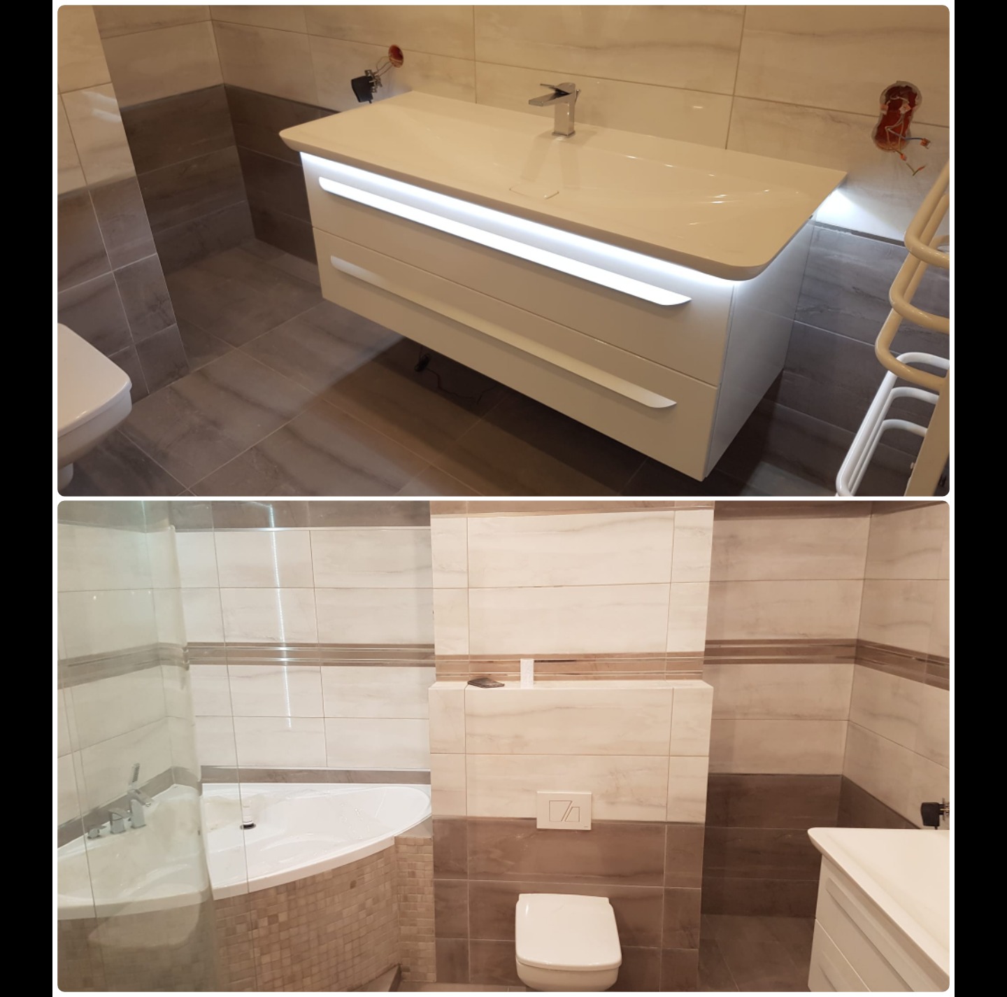 Wykończona łazienka z podświetlaną szafką umywalkową, brązowo-białe płytki, wanna za szklaną ścianką i wisząca toaleta. Nowoczesny design, widok z dwóch perspektyw.