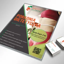Projekt ulotki i wizytówek poradni dietetycznej z motywem zdrowego odżywiania i kobiecą sylwetką z miarką.